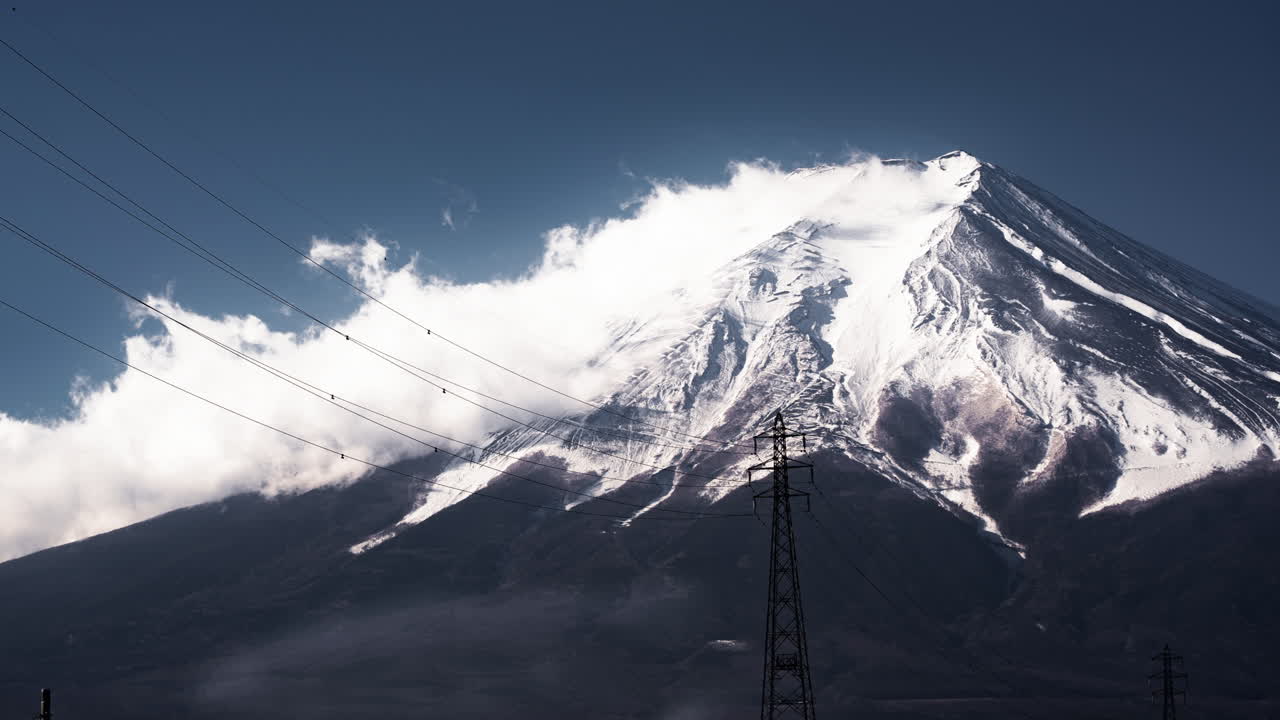 Mount Fuji with Power Lines and Clouds