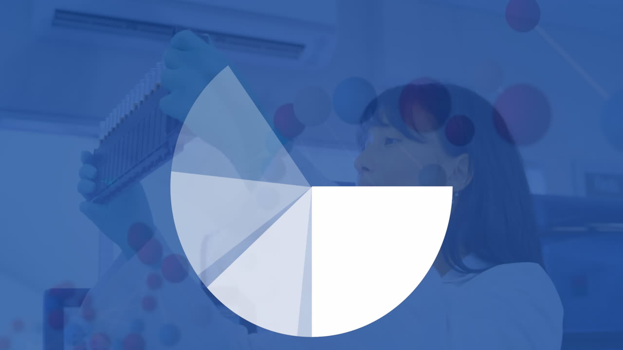 animación de gráfico circular y hélice de adn sobre científica de dos razas mirando tubos de ensayo