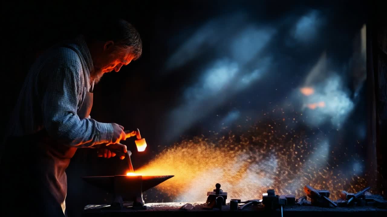 En dygtig smed former mesterligt metal i et svagt oplyst værksted, omgivet af livlige gnister, der flyver fra ambolten og viser den tidløse kunst inden for traditionel metalbearbejdning under en fortryllende glød