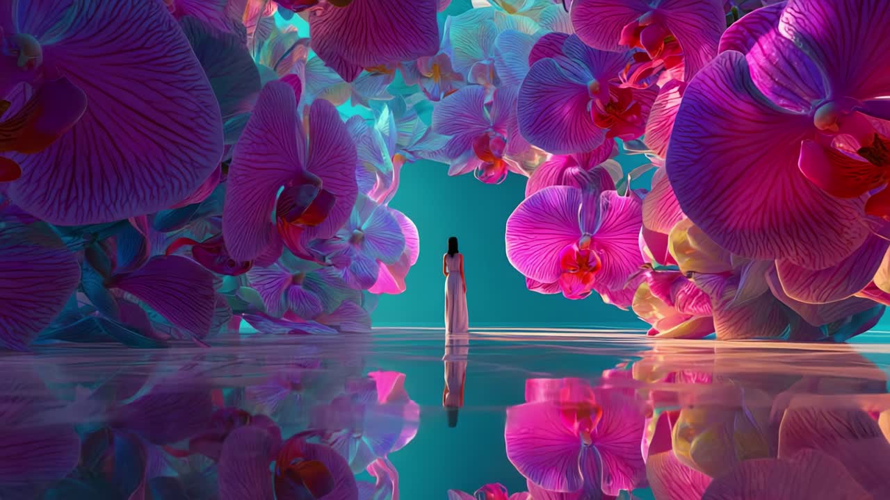 Dreamy Orchid Fantasy with Woman in Gown