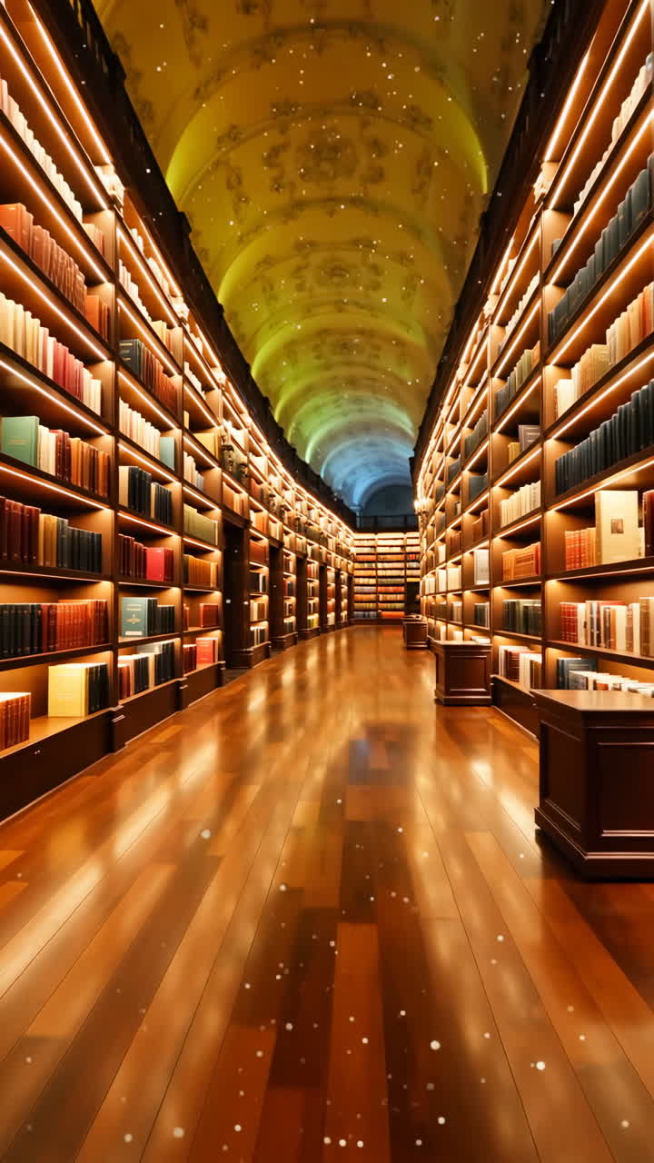 A grand library with rows of bookshelves and a polished wood floor