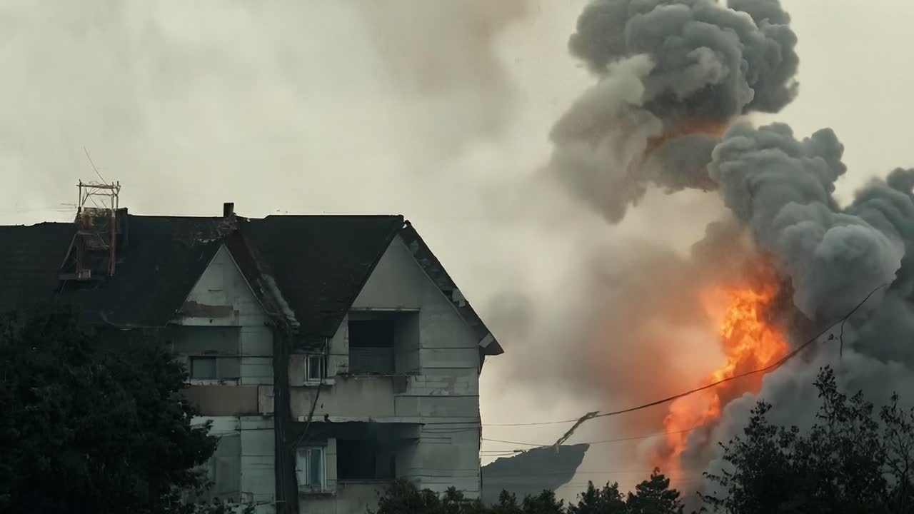 un gran edificio arde ferozmente, envuelto en llamas y humo espeso durante un proceso de demolición controlado