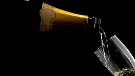 cinemagraph de champán vertiendo de la botella en el vaso sobre un fondo negro, cámara lenta