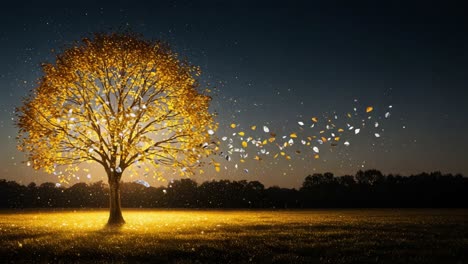 majestic tree in autumn glow: a beautiful transition of leaves floating gently in the breeze against a dusk sky, capturing nature's wonder and serenity