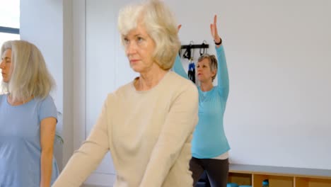 Trainer-assisting-senior-women-in-performing-yoga-4k