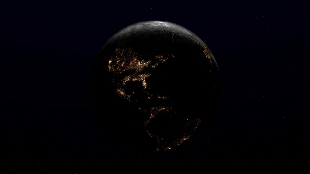 地球の惑星は夜のモードで夜明けで孤立した黒い背景の中心軸に円形で移動します 4k 画質の超現実的な 3d アニメーション 30 秒で1 スピン