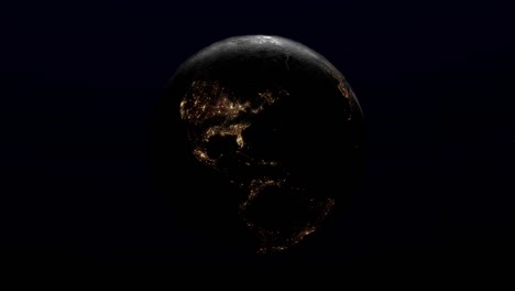 earth planets with city twilight in night mode and move in a circle on a central axis on isolated black background. ultra realistic 3d animation on 4k resolution. one spin in 30 seconds.