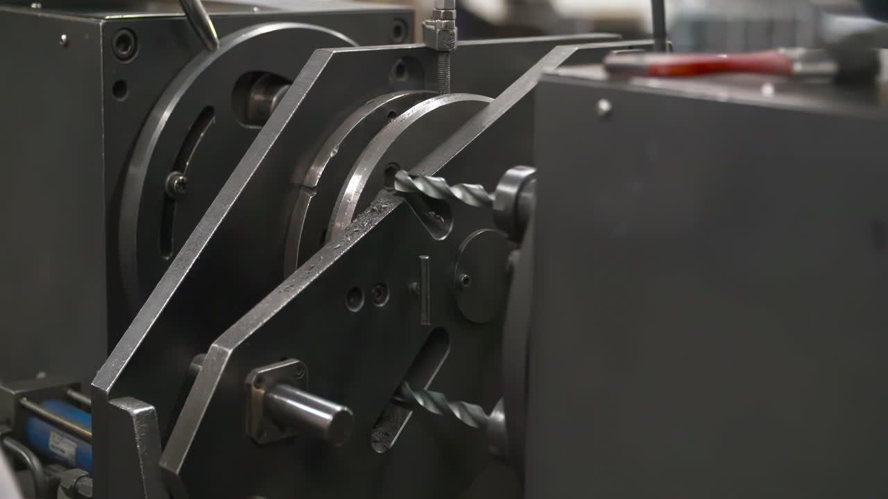 산업 치 기계 장비, 액션 금속 접기 기계, 공장 공장에서 작업 프로세스 조각, 산업 실제