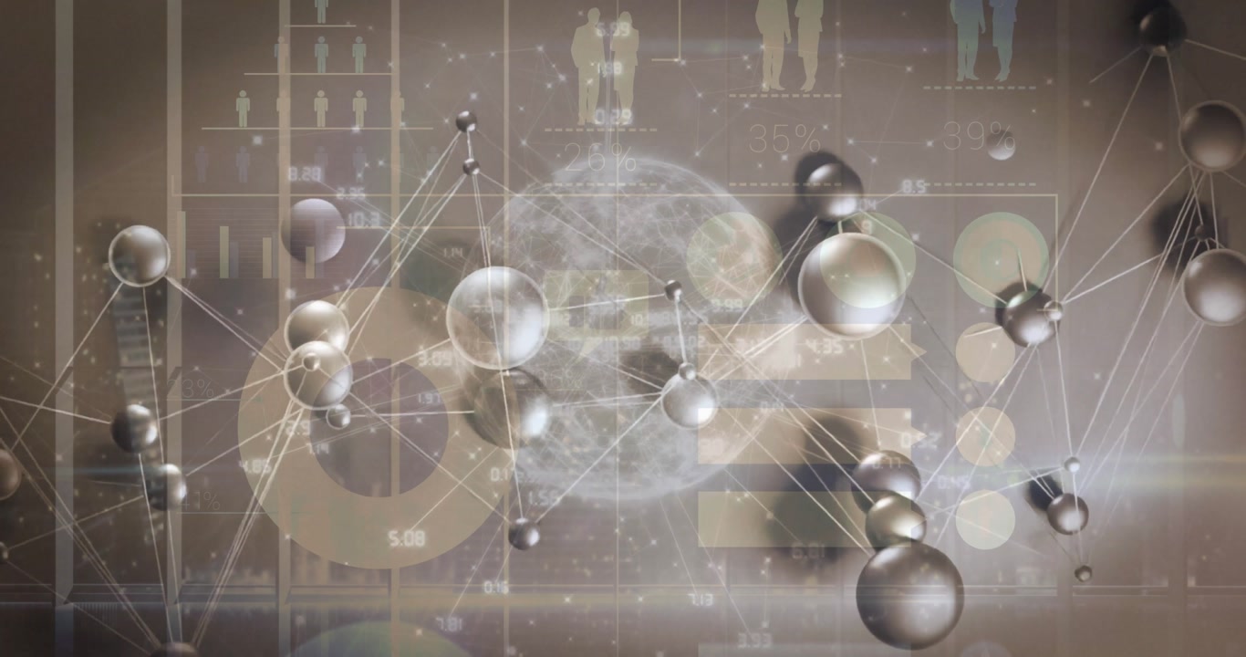 Spheres drifting from edges starting lines connecting pulsing reconfiguring for data visualization
