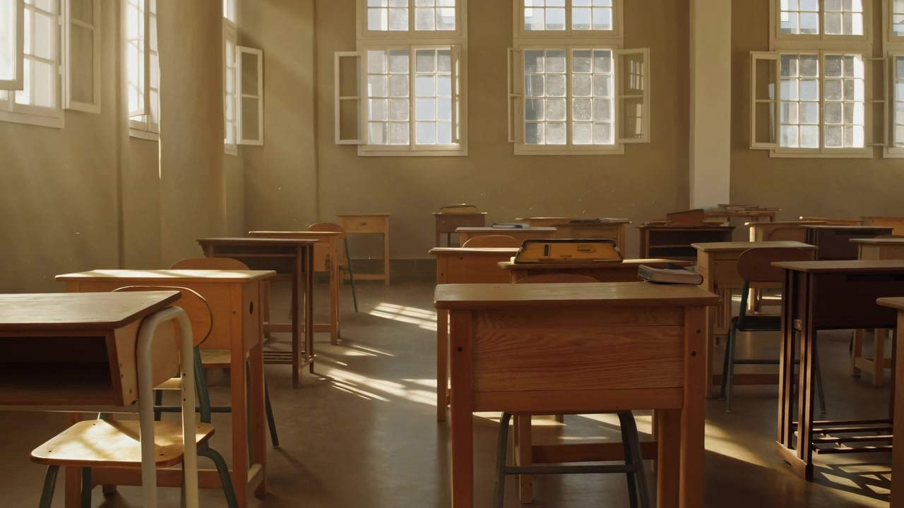 Aula scolastica vuota con file di banchi e sedie in legno, alte finestre aperte, luce diurna calda, tenui riflessi sul pavimento, polvere visibile nei raggi di sole, atmosfera tranquilla e ordinata, e interni spaziosi e tradizionali