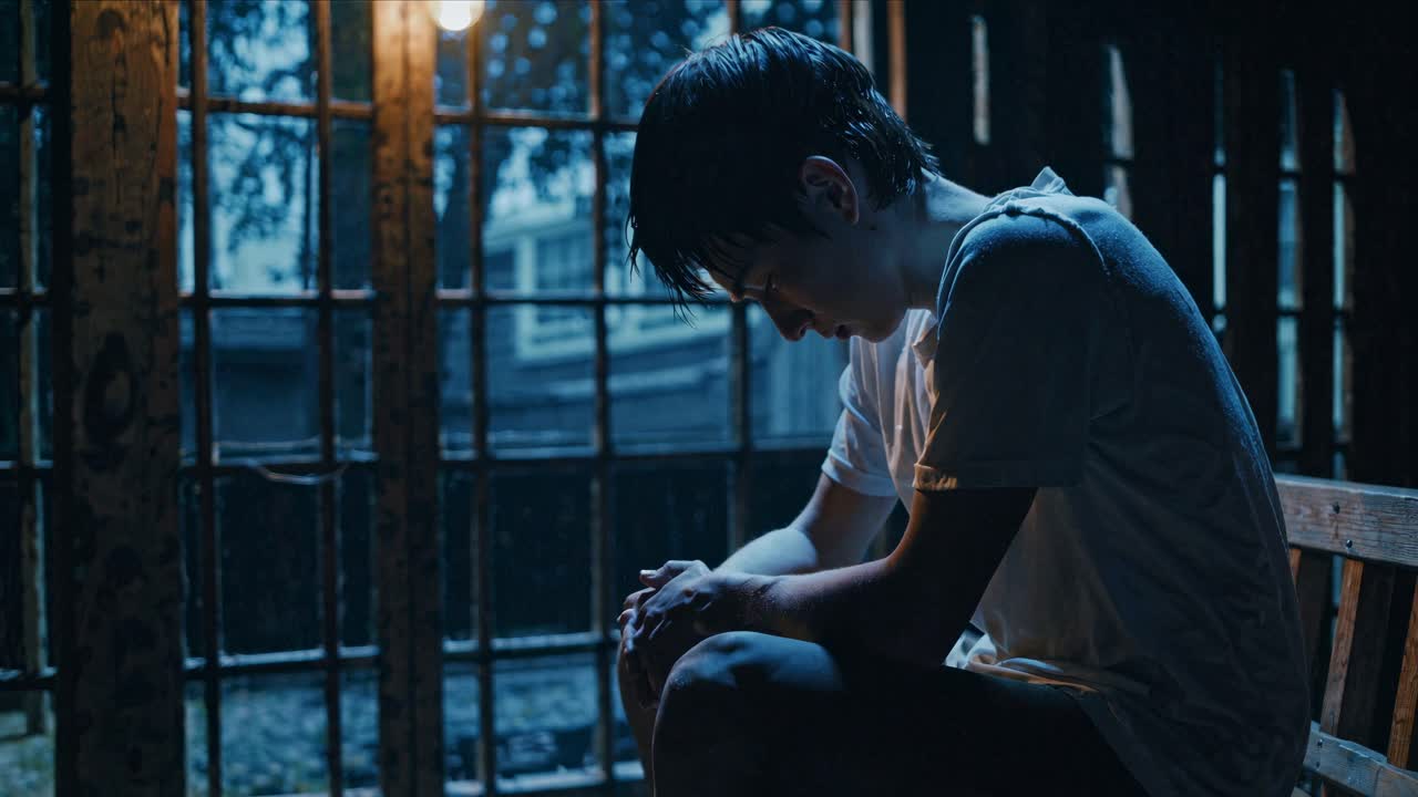 The video captures a somber, introspective moment in a dimly lit room, emphasizing mood and emotion