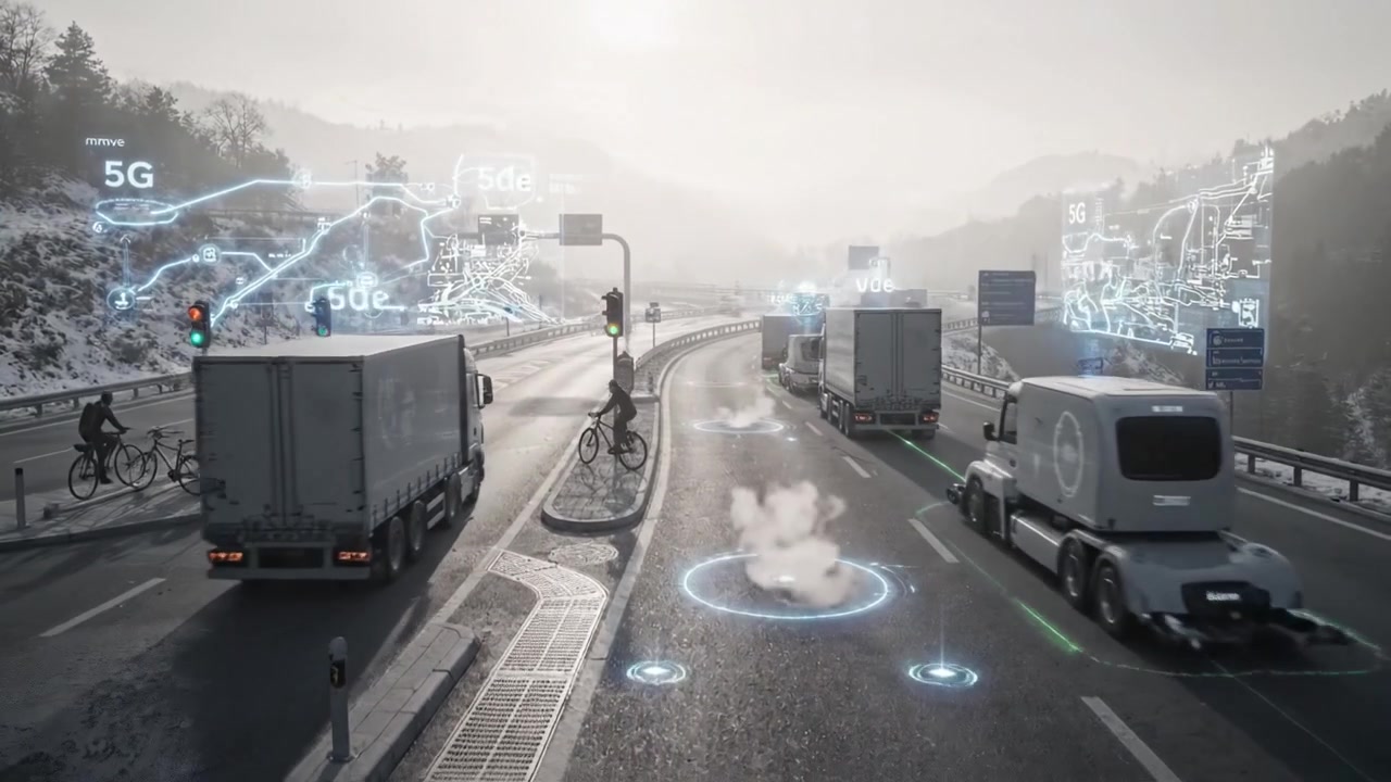 Infrastruttura digitale innovativa su un'autostrada che mostra connettività 5G e comunicazione veicolo-tutto in un paesaggio montano innevato.