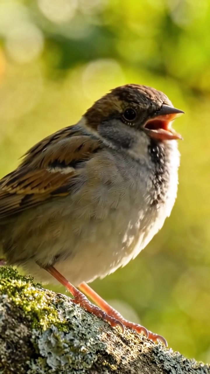 Un primo piano accattivante di passeri appollaiati serenamente su un ramo muschioso, su uno sfondo verde splendidamente sfocato, che evidenzia la loro bellezza naturale e le loro caratteristiche.