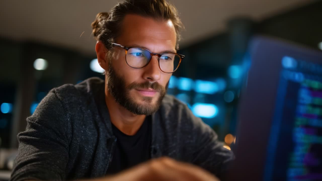 Focused young man working late at night on programming or data analysis task, illuminated by computer screen, wearing glasses, deep in concentration