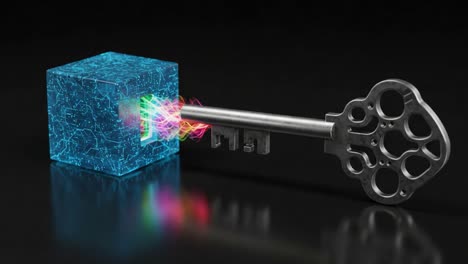 unlocking the mystical dimensional energy: a metal key activating a magical cube with vibrant light energy waves emanating in stunning visual effects