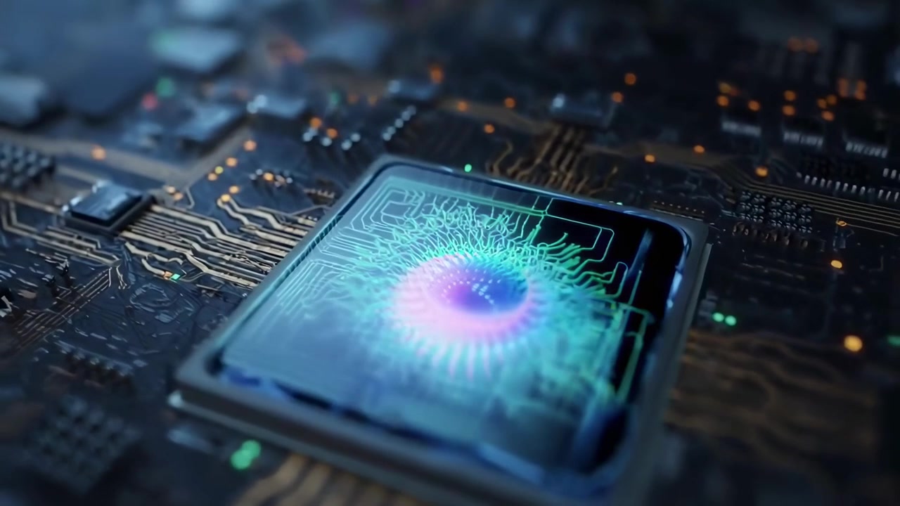 Futuristisk computerchip med glødende neuralt netværk på printplade