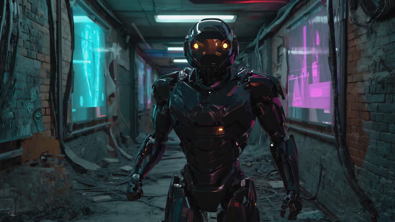 Futuristic Robot in a Cyberpunk Corridor