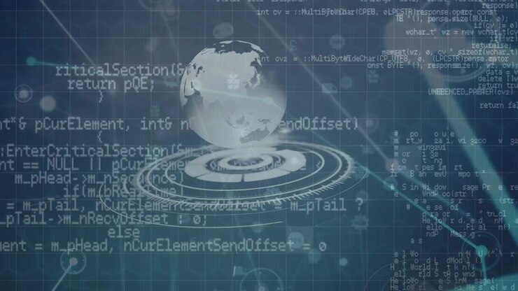 Animation of financial data processing with scope scanning and globe on black background
