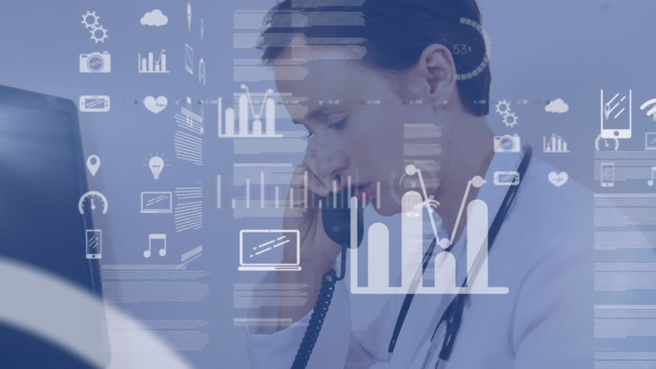 animación de diagramas sobre una doctora usando el teléfono