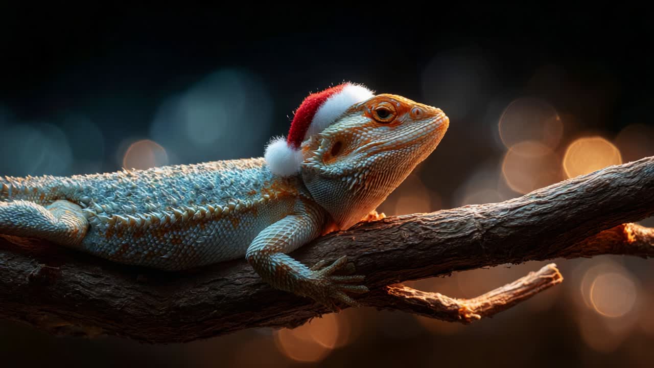 A Charming Bearded Dragon in a Santa Hat Relaxing on a Branch Amidst a Glowing Background, Encapsulating the Festive Spirit of the Holiday Season with a Unique and Playful Touch