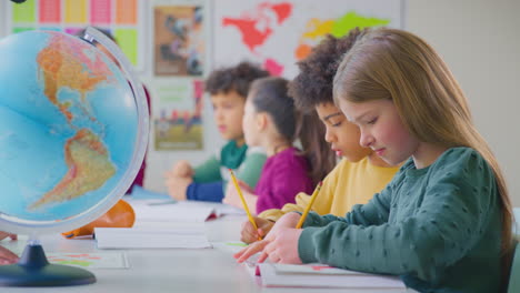 group of multi-cultural students with teachers in classroom looking at globe in geography lesson