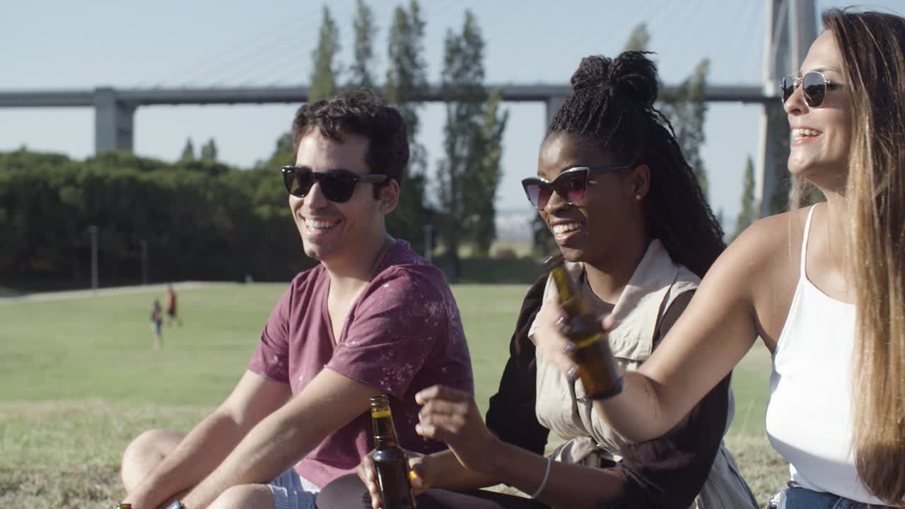 Smiling friends clinking beer bottles while sitting on meadow.