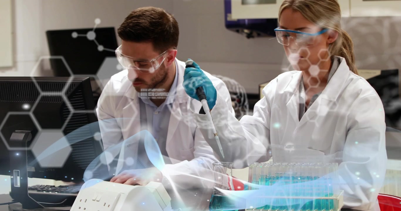 Animation of data processing over caucasian scientists talking