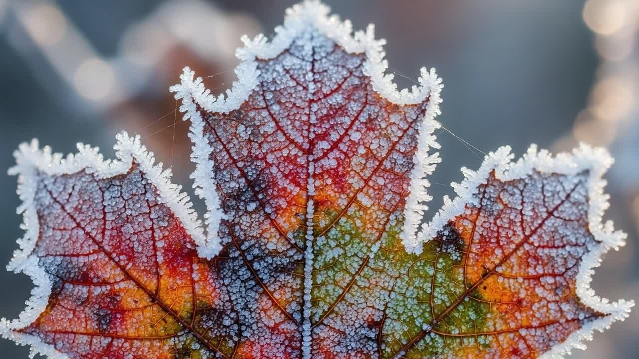 Intricate Frost Patterns on Vibrant Autumn Leaf Captured in Two Stunning Frames, Showcasing Nature's Extraordinary Beauty and Detail in Seasonal Change