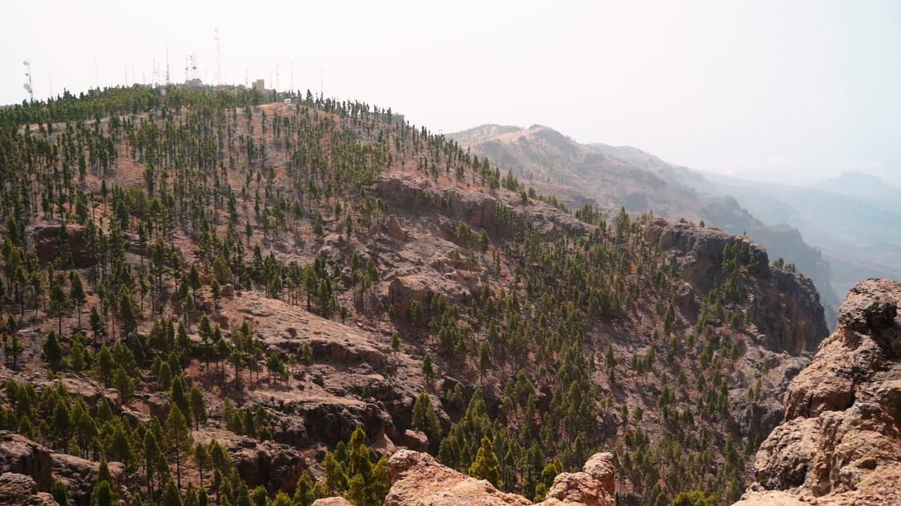 toma panorámica de las colinas del paisaje grancanario durante el día soleado con árboles en crecimiento en la montaña