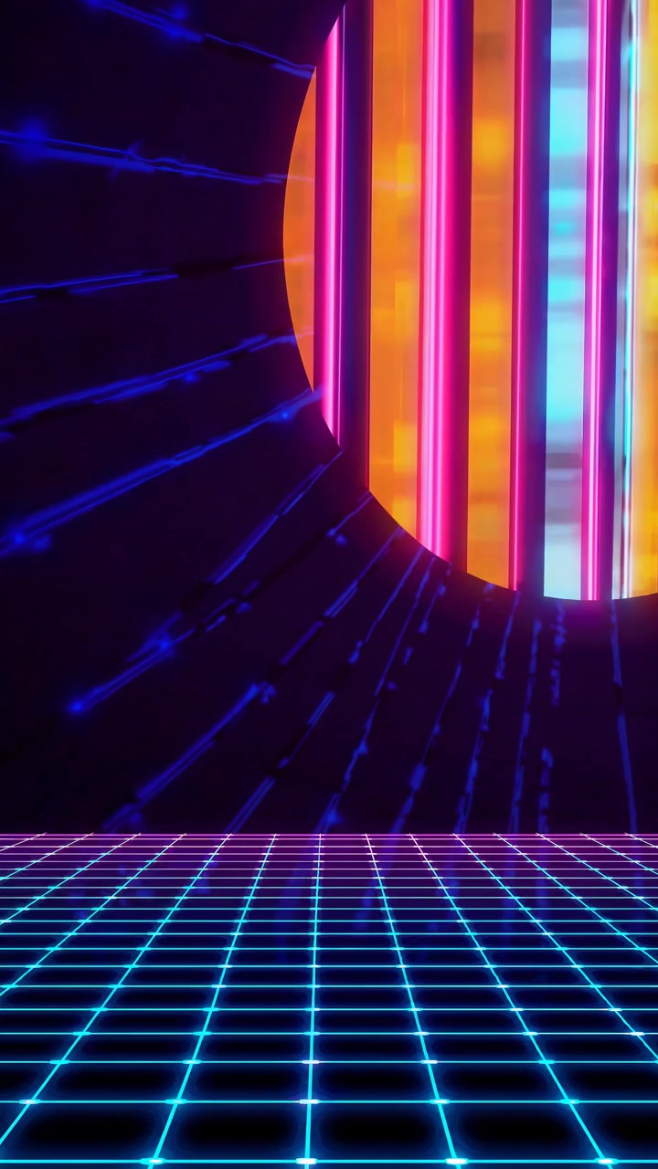 Sfondo a griglia in stile Retro Synthwave con luci al neon incandescenti