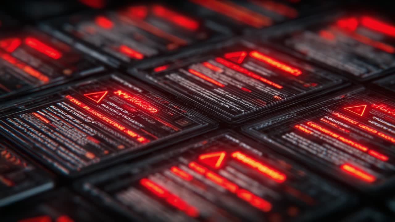 Close-up Frames of Warning Labels with Glowing Red Text on a Dark Background, Emphasizing Risks and Alerts in a High-Tech Environment