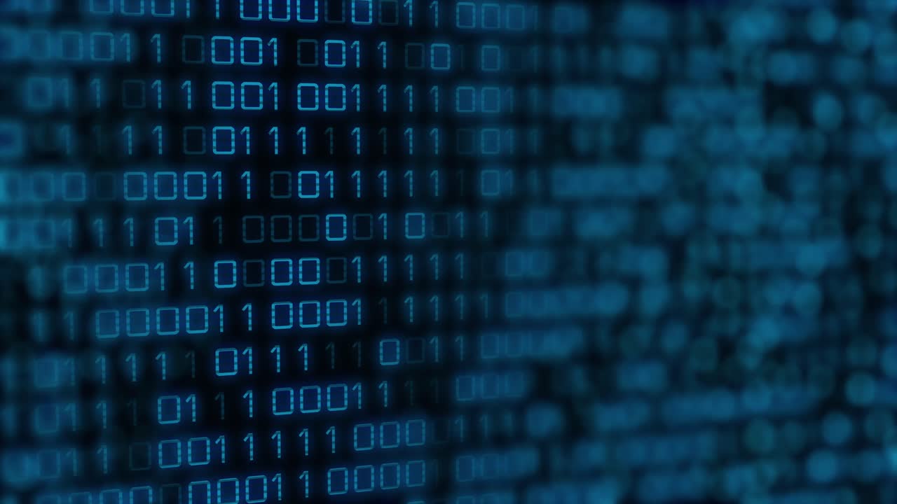 Animation of blue binary code changing on black background