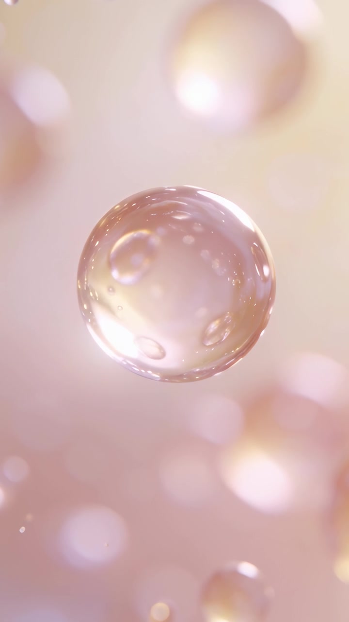 Video verticale: Goccia di perla che fluttua reagendo al cambiamento di luce, ruotando su uno sfondo bokeh morbido