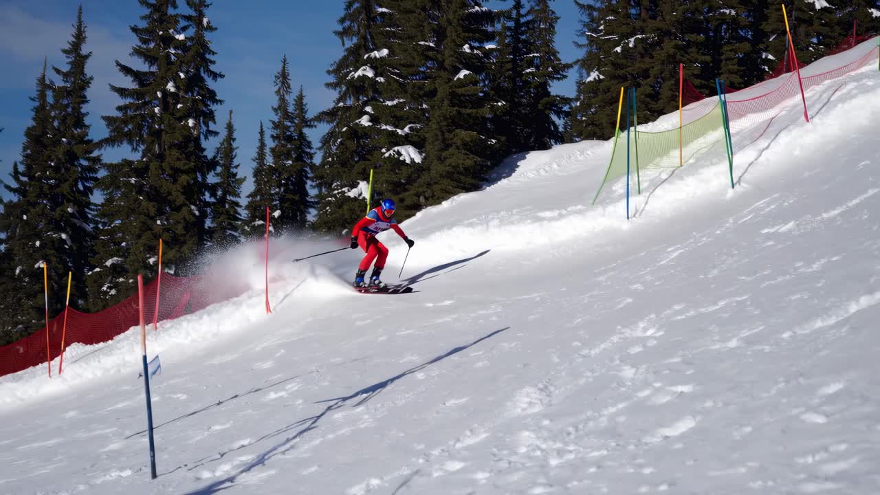 Dynamic video still of a skier racing downhill, captured from a low angle, emphasizing speed