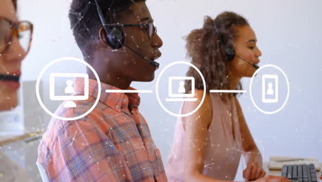 animation of network of connections with icons over diverse colleagues using phone headsets