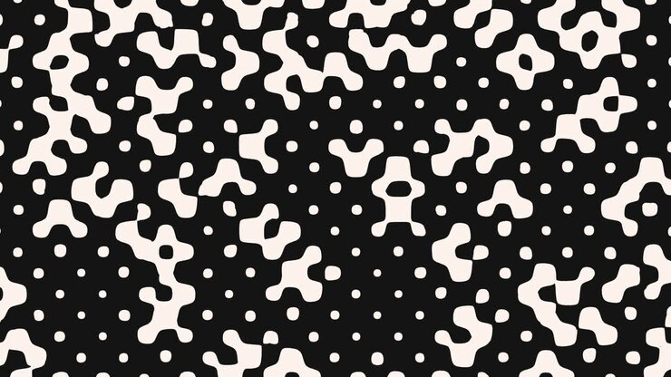 Motivo a pois astratto in bianco e nero con punti bianchi disposti casualmente su sfondo nero.