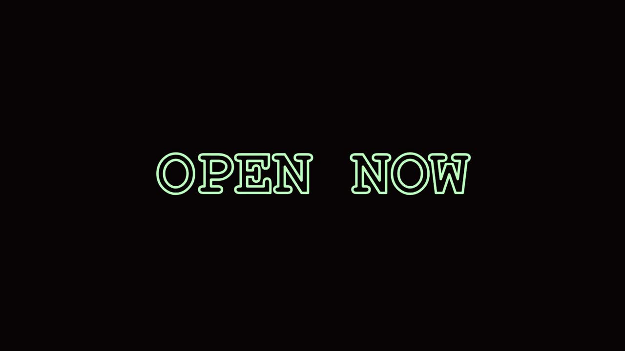 Bold Open Now text animation on a black background with clean motion design. Perfect for business ads, store promotions, website banners, social media posts, sales and marketing videos