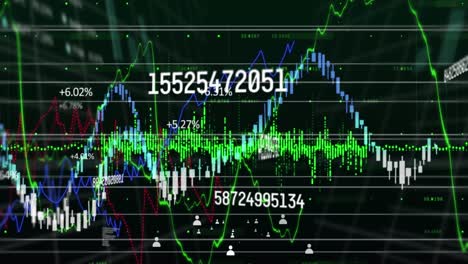 Animation-of-financial-data-processing-with-icons-on-black-background