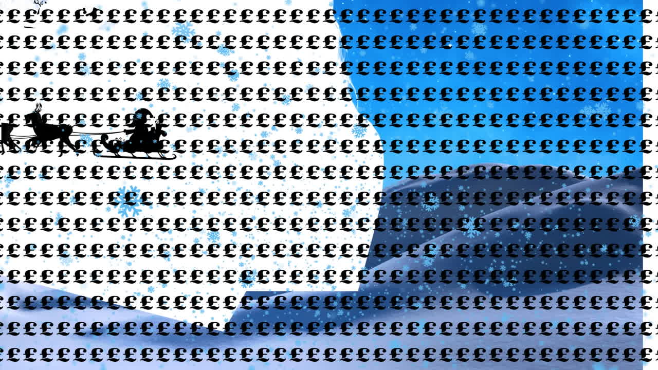 영국 파운드 표지판과 함께 대와 눈이 떨어지는 매에서 크리스마스 산타클로스의 애니메이션