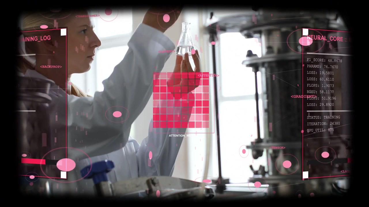 Red HUD appearing, scientist lifting flask, sampling with pipette, inspecting sample for analysis