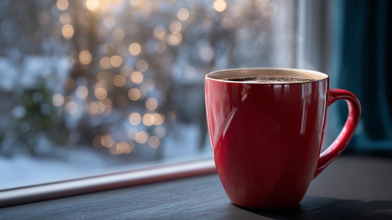Una tazza rossa accogliente di caffè fumante si trova su un tavolo vicino a una finestra, catturando l'essenza del comfort e del calore contro uno sfondo festivo splendidamente sfocato.