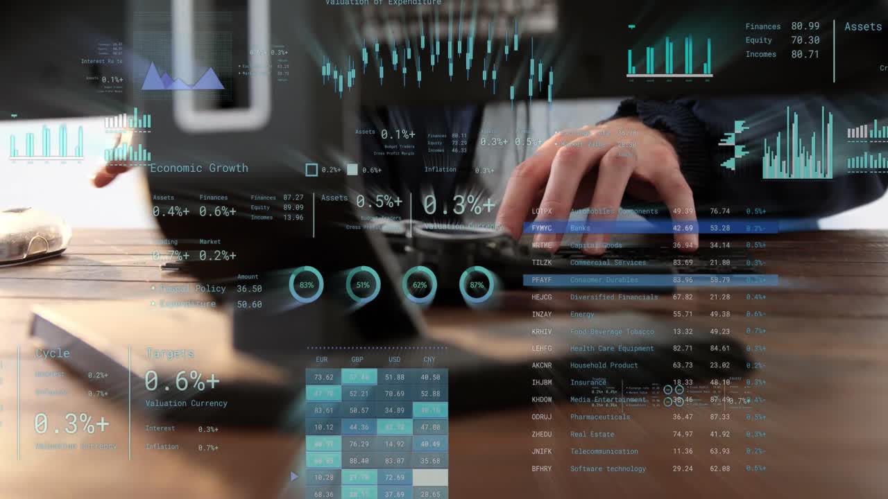 animación de datos financieros sobre el empresario caucásico en el cargo.