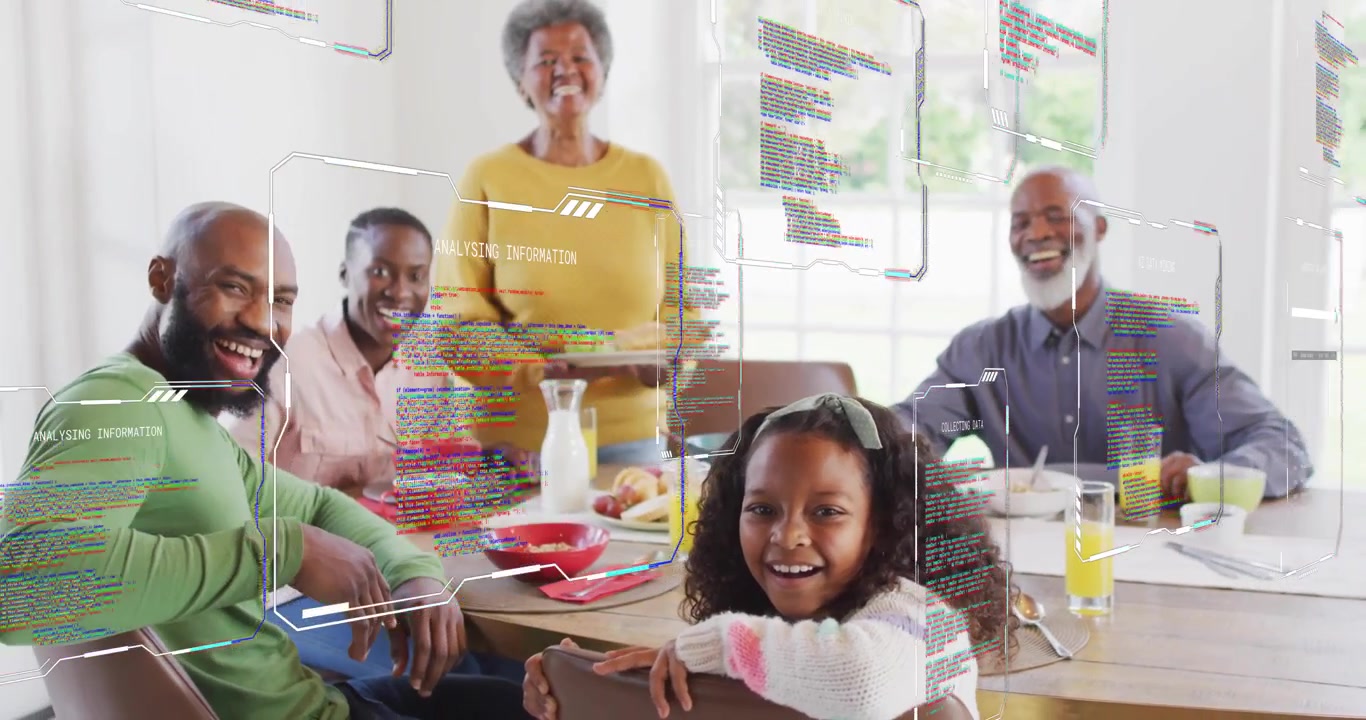Family eating breakfast grandmother serving platter initiating digital panels showing tech shifting