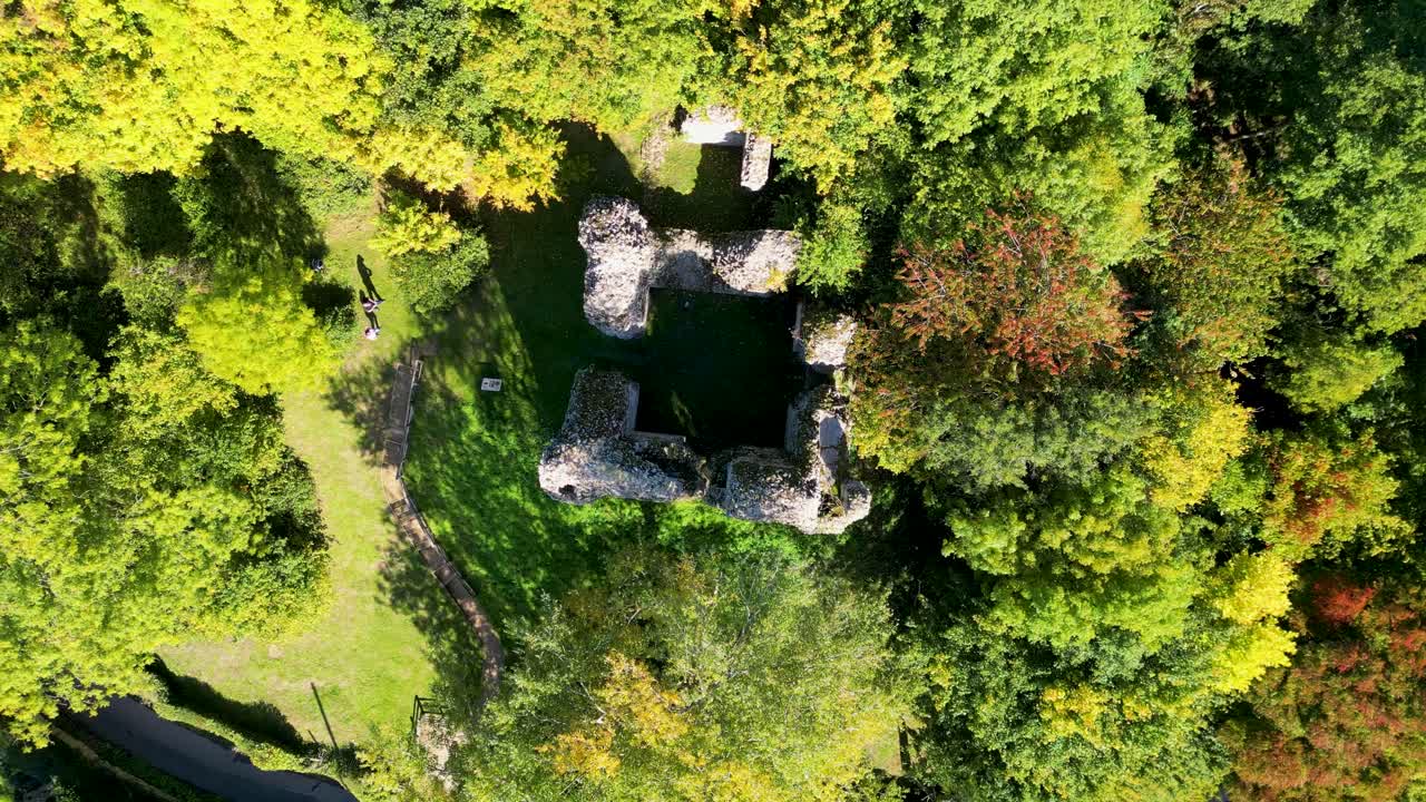 sutton valence kent uk의 가을 색 나무 한가운데 있는 12세기 노먼 킵