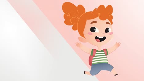 animación de dibujos animados de chicas felices con bolsa contra un fondo abstracto