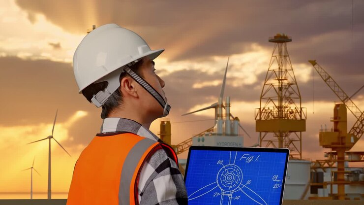 Close Up Back View Of Asian Male Engineer With Safety Helmet Working On Laptop With Wind Turbine Blueprint With Offshore Hydrogen Production
