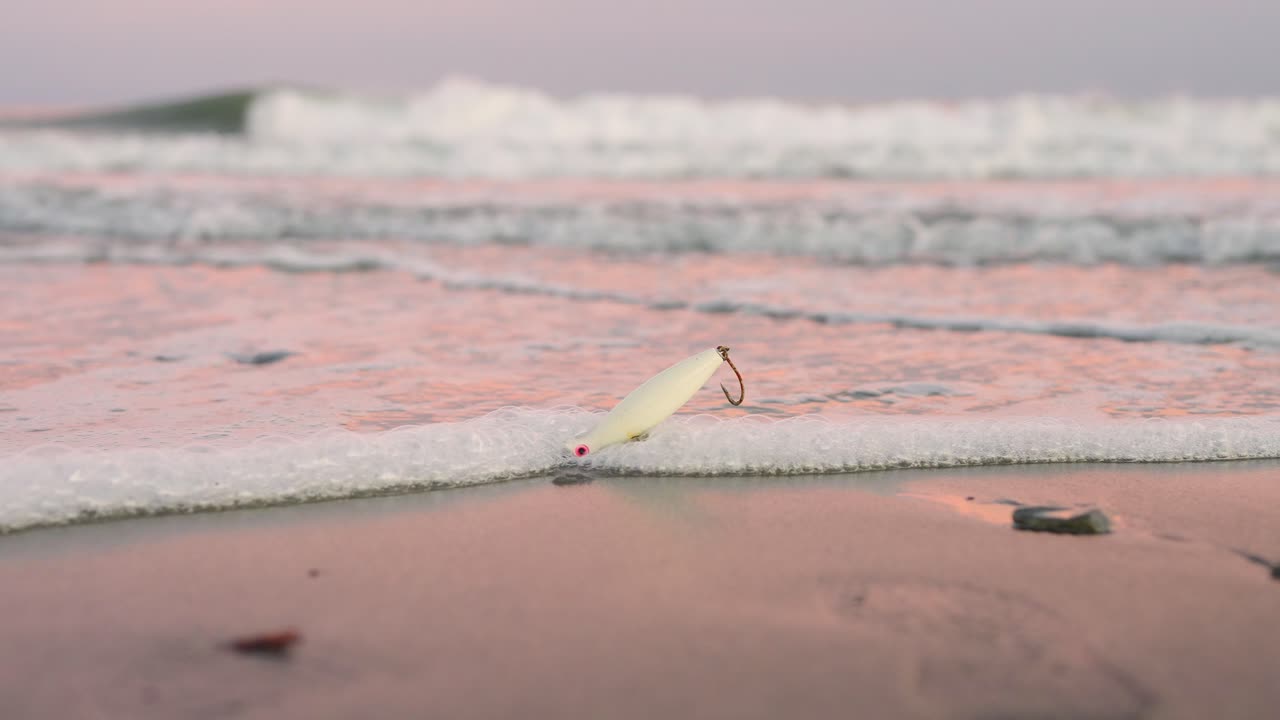 Fishing lure washed up on a beach stuck in the sand