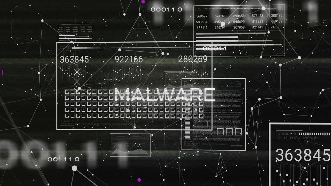 animación de texto de malware, barras de carga, cambios de números contra puntos conectados en fondo negro