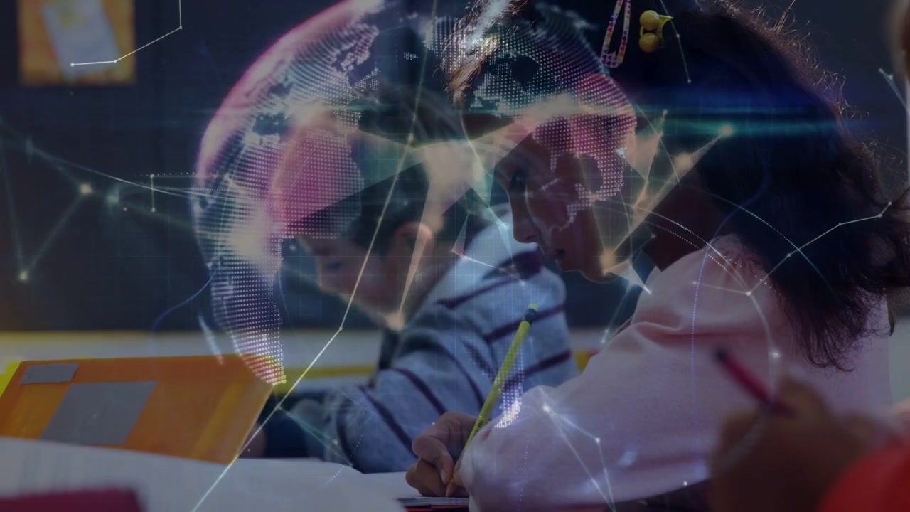 Main student writing in education while overlay appearing over desks net lines growing into globe