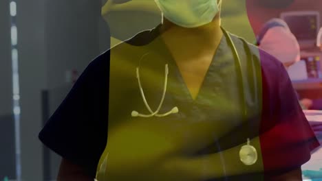 animación de la bandera de francia sobre varios médicos durante la cirugía